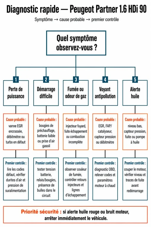 Arbre de diagnostic du problème peugeot partner 1.6 hdi 90 selon les symptômes et les causes probables