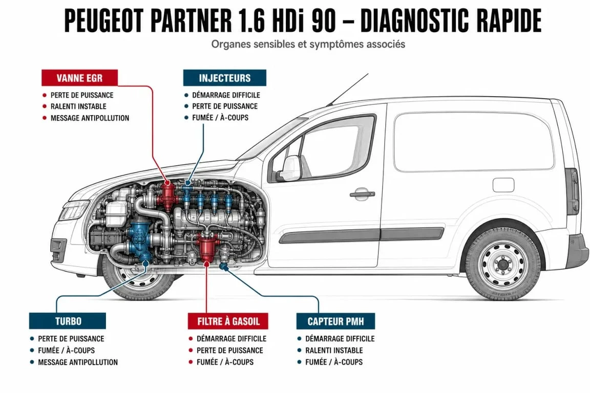 Schéma du problème peugeot partner 1.6 hdi 90 avec vanne EGR, injecteurs et turbo mis en évidence