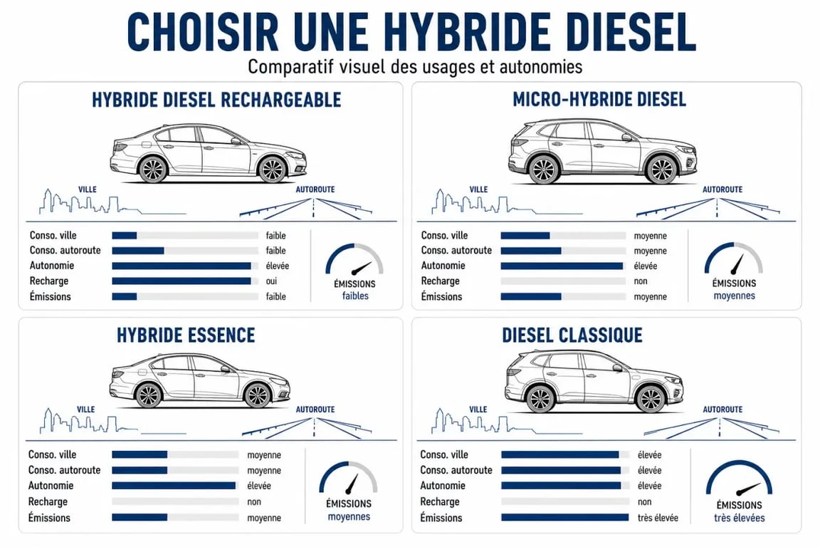 Quelle voiture hybride diesel : comparatif visuel des motorisations et des usages