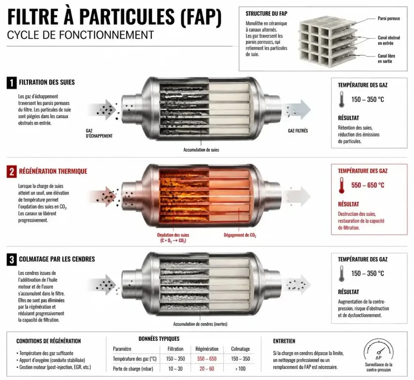 Schéma explicatif du fonctionnement et du colmatage d'un filtre à particules FAP