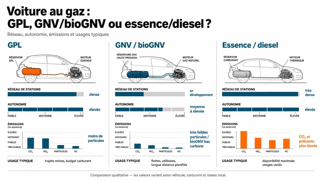 Voiture au gaz : comparaison visuelle entre GPL, GNV/bioGNV et essence/diesel