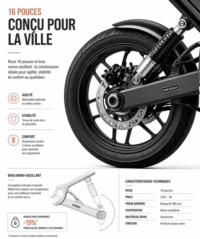 Détail technique des jantes et du bras mono-oscillant du Peugeot Fox