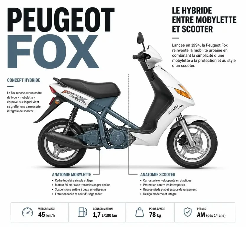 Schéma illustrant le concept hybride du cyclomoteur Peugeot Fox