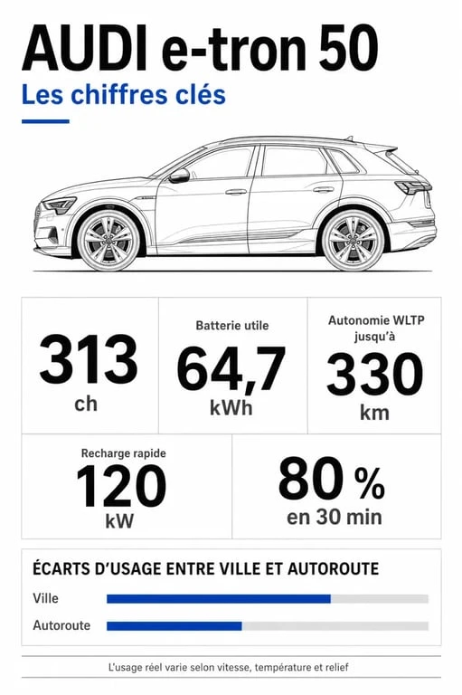 Audi e tron 50 : infographie des chiffres clés, autonomie, recharge et usages