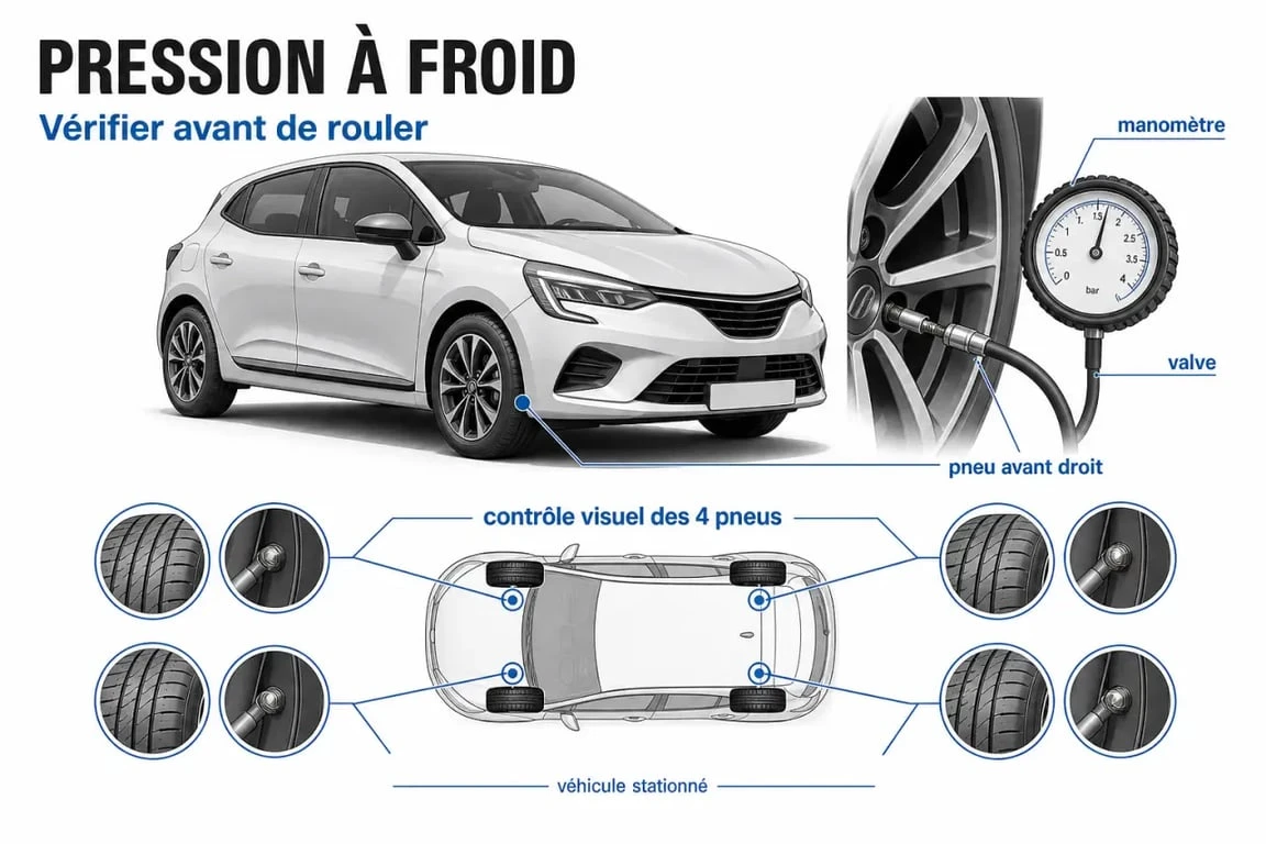 TPW à contrôler Clio 5 : contrôle de la pression des pneus à froid sur une Renault Clio 5