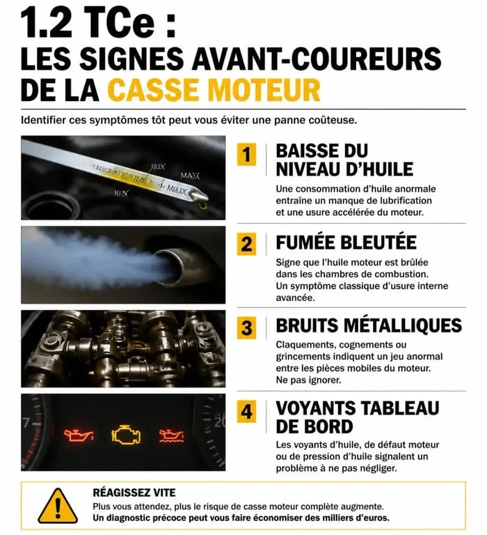 Infographie des symptômes de casse moteur Renault 1.2 TCe et conseils de prévention