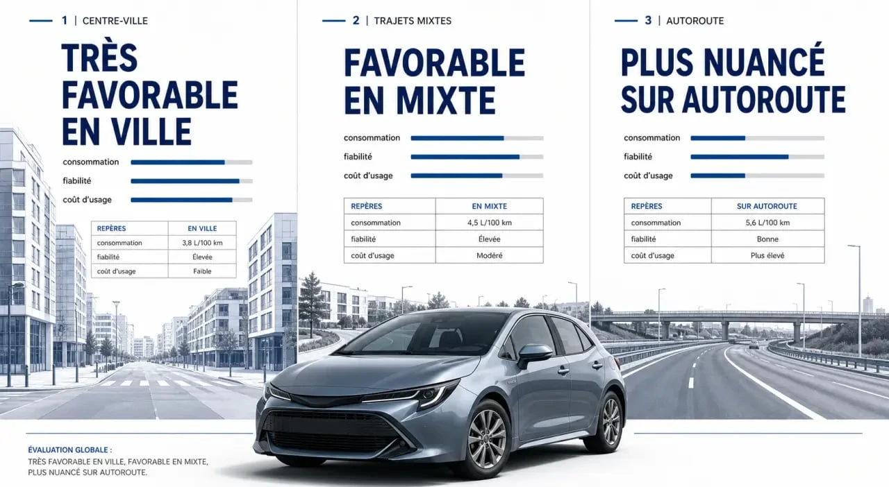 Avis toyota corolla hybride en infographie éditoriale sur consommation, fiabilité et usage quotidien