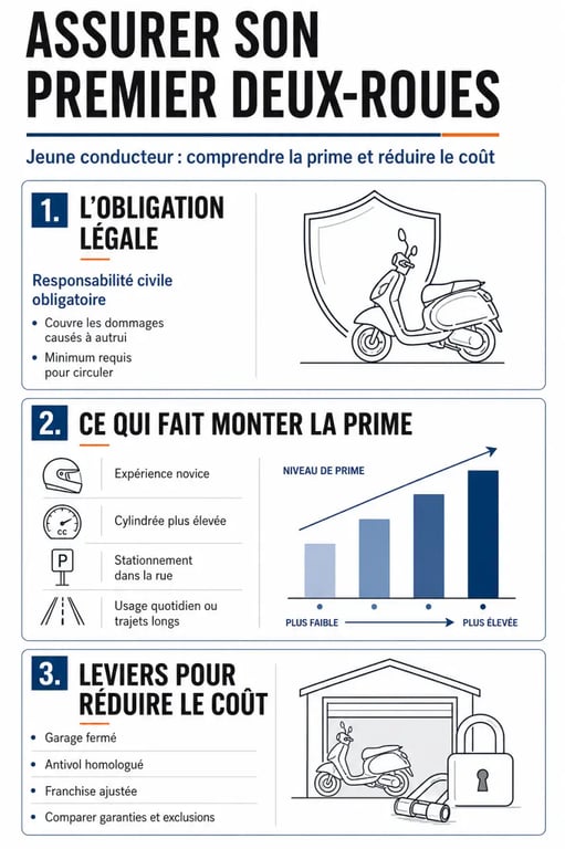 Bien assurer son premier deux-roues en tant que jeune conducteur : infographie sur l’obligation d’assurance, les facteurs de prix et les leviers d’économie