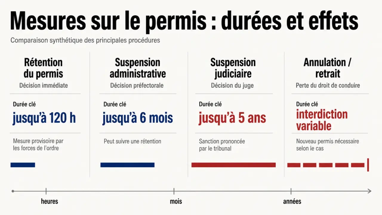 Permis suspendu ou retiré : comparaison visuelle des mesures, durées et effets