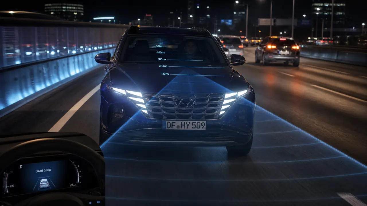 Mettre regulateur intelligent sur Tucson hybride : repères distance et activation Smart Cruise la nuit
