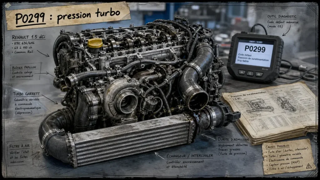 P0299 Renault 1.5 dCi : quand la pression turbo chute, durites et électrovanne passent avant le turbo