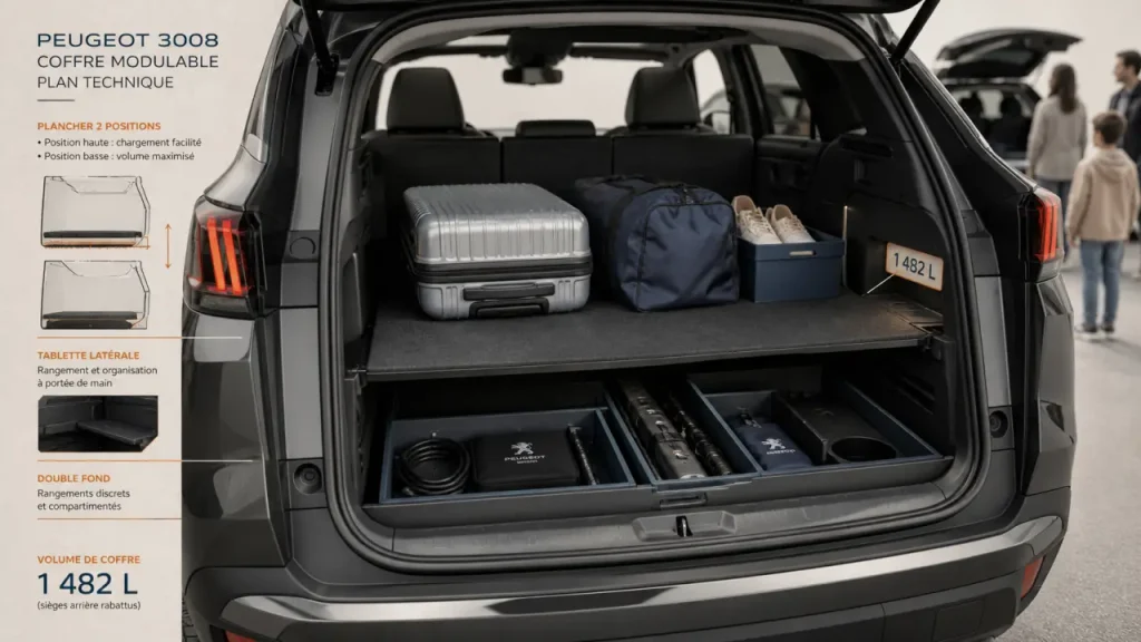 520 litres, jusqu’à 1 482 litres et un plancher modulable : le vrai volume de coffre du Peugeot 3008