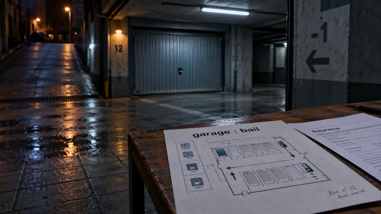 Assurer un garage en location : bail et couverture à vérifier (photo d’un box et d’un schéma).