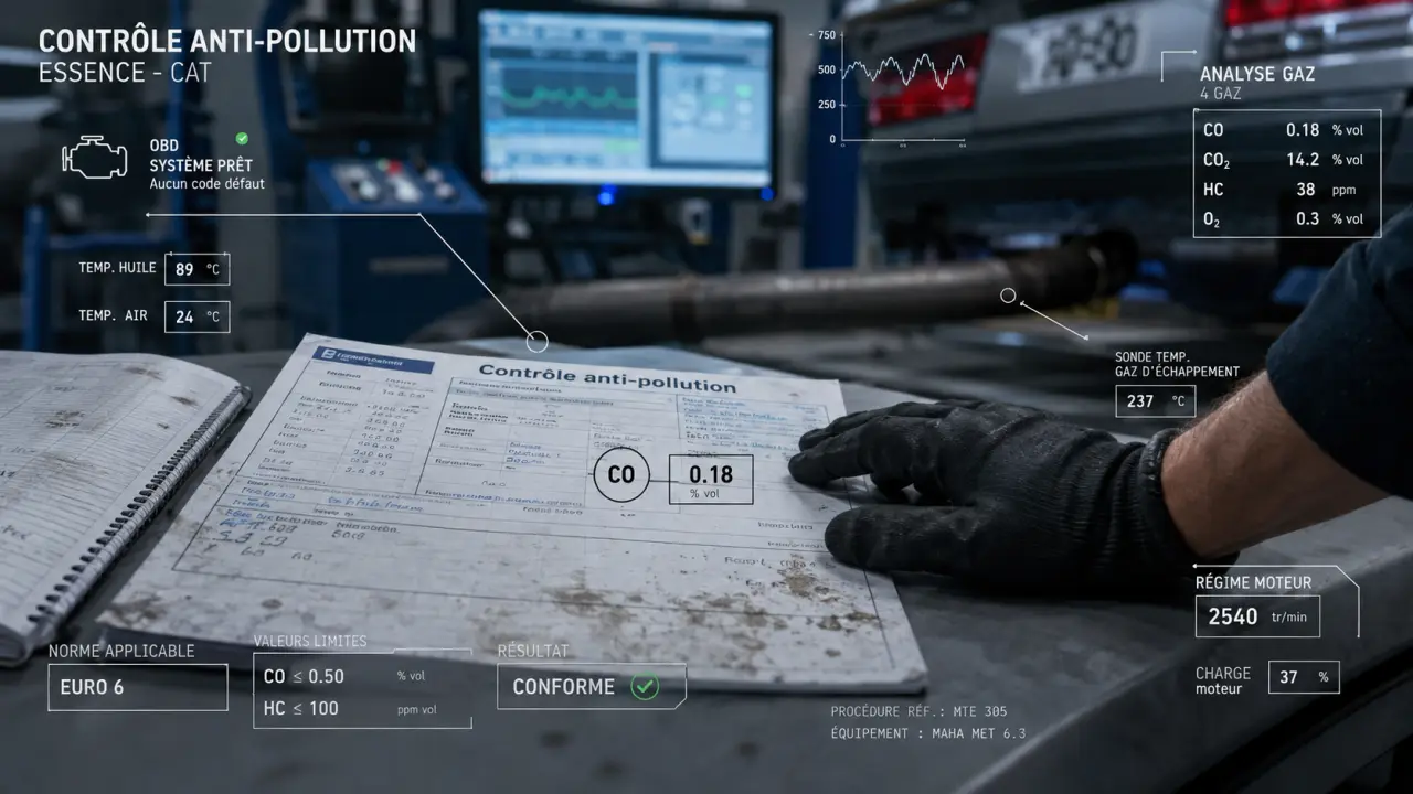 Controle anti pollution : technicien vérifie un véhicule au centre de contrôle