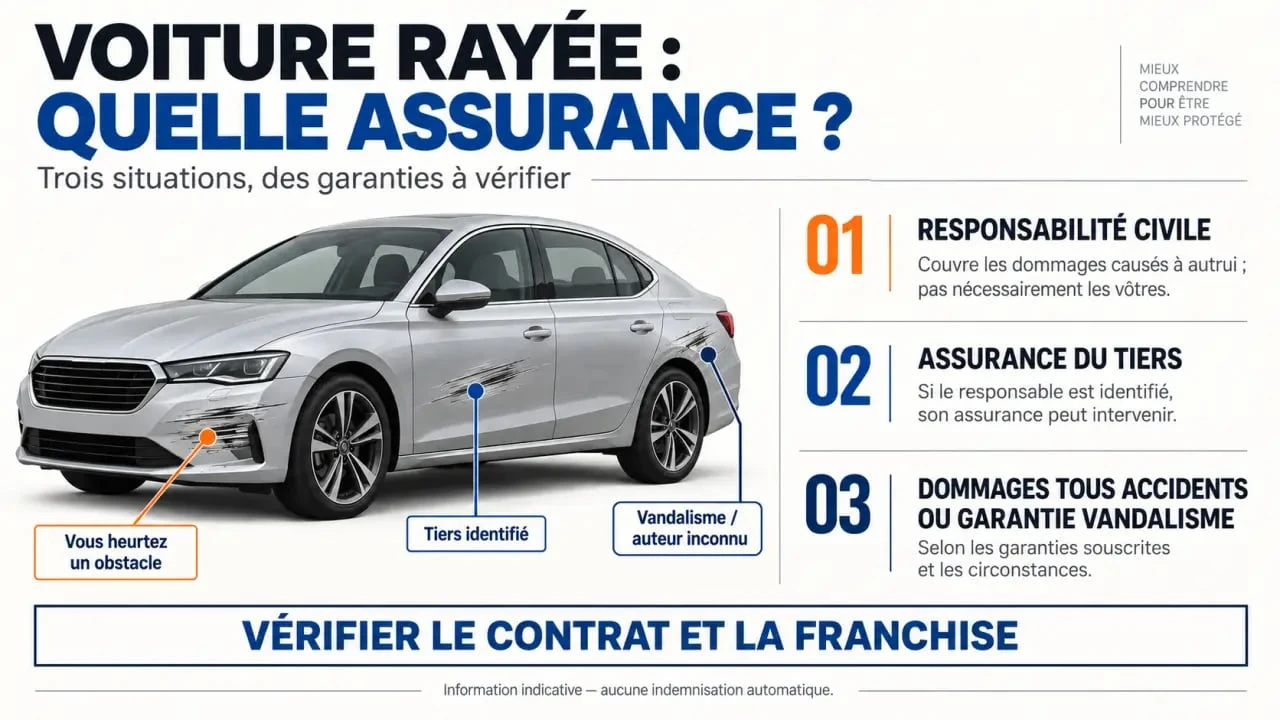 Infographie voiture rayée assurance selon l’origine du dommage et la garantie applicable