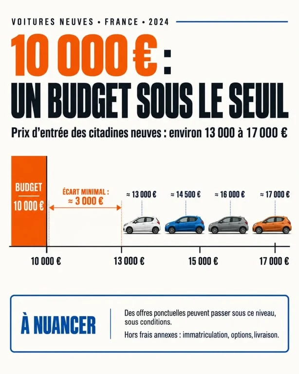 Infographie sur une voiture neuve moins de 10000 euros en 2024 et l'écart avec les prix d'entrée