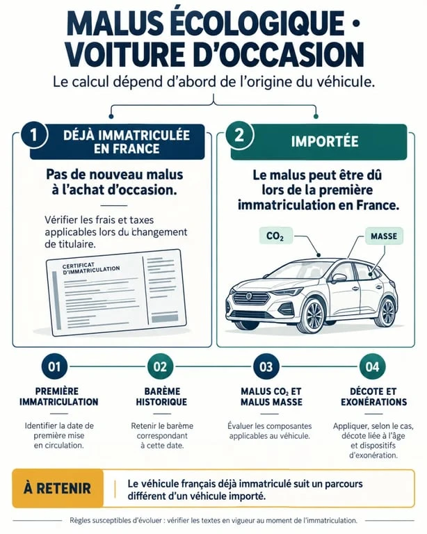 Infographie sur le calcul malus écologique voiture occasion importée ou déjà immatriculée en France