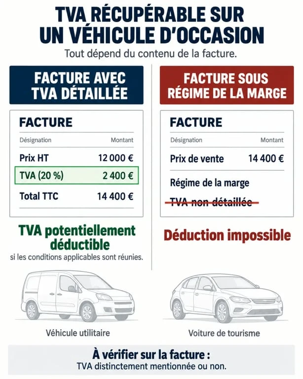 Infographie sur la TVA récupérable d’un véhicule d’occasion, facture avec TVA détaillée ou régime de la marge