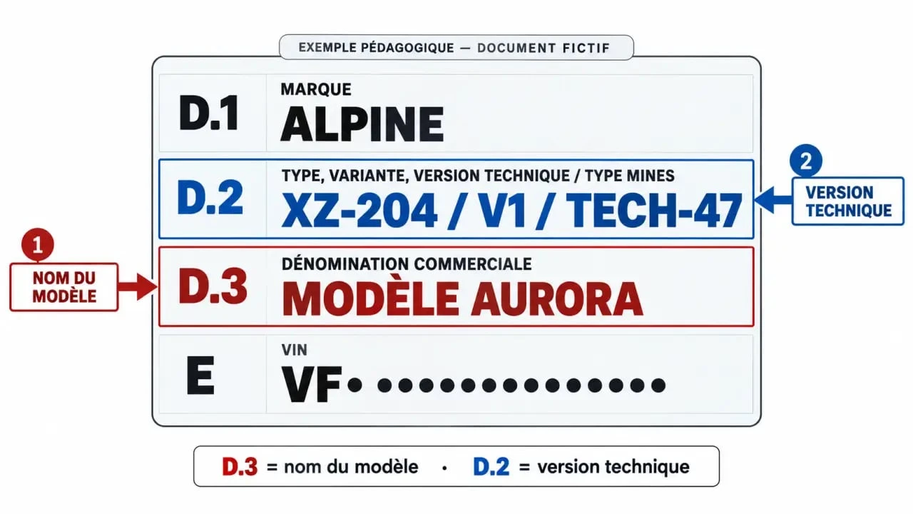 Illustration pour savoir où trouver le modèle sur carte grise avec les cases D.1, D.2, D.3 et E annotées