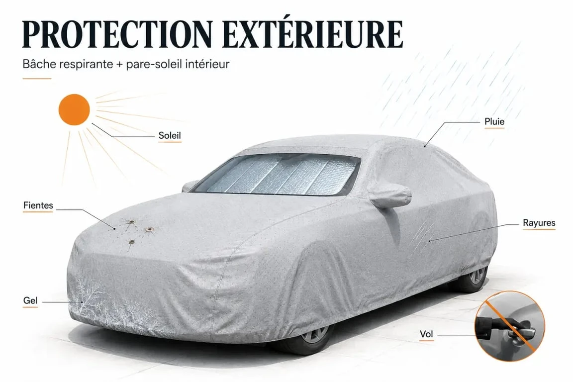 Proteger voiture : voiture stationnée dehors sous bâche respirante et pare-soleil, contre le soleil, la pluie et les rayures