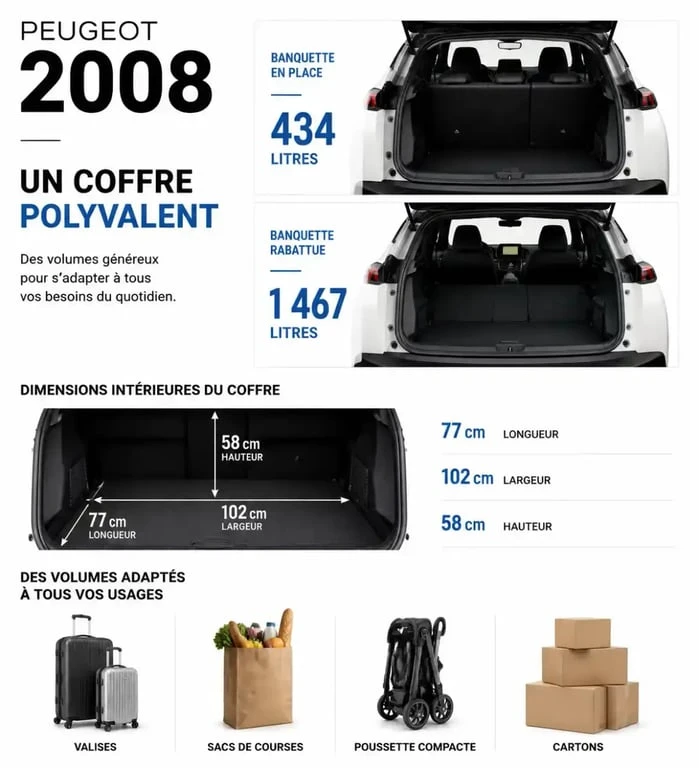 Infographie du coffre 2008 volume de 434 à 1 467 litres selon la configuration