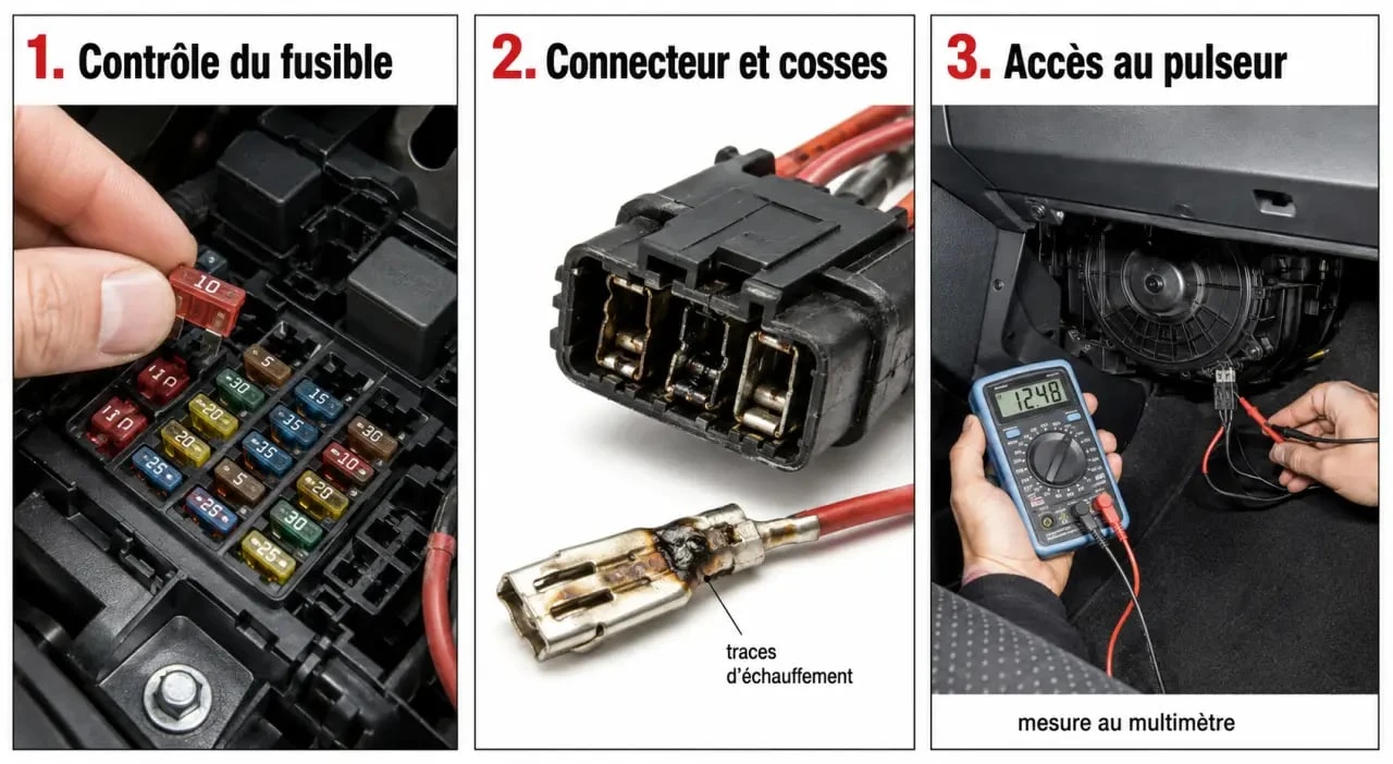 Diagnostic du ventilateur scenic 2 ne fonctionne plus avec contrôle du fusible, des connecteurs et du pulseur d’habitacle