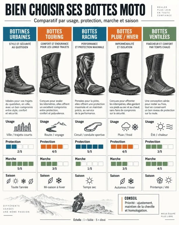 Infographie comparative des différents types de bottes moto selon l’usage, la protection et la saison