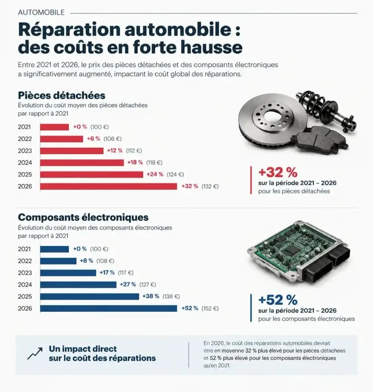 Graphique illustrant l'augmentation des coûts de réparation et l'impact sur l'assurance auto 2026