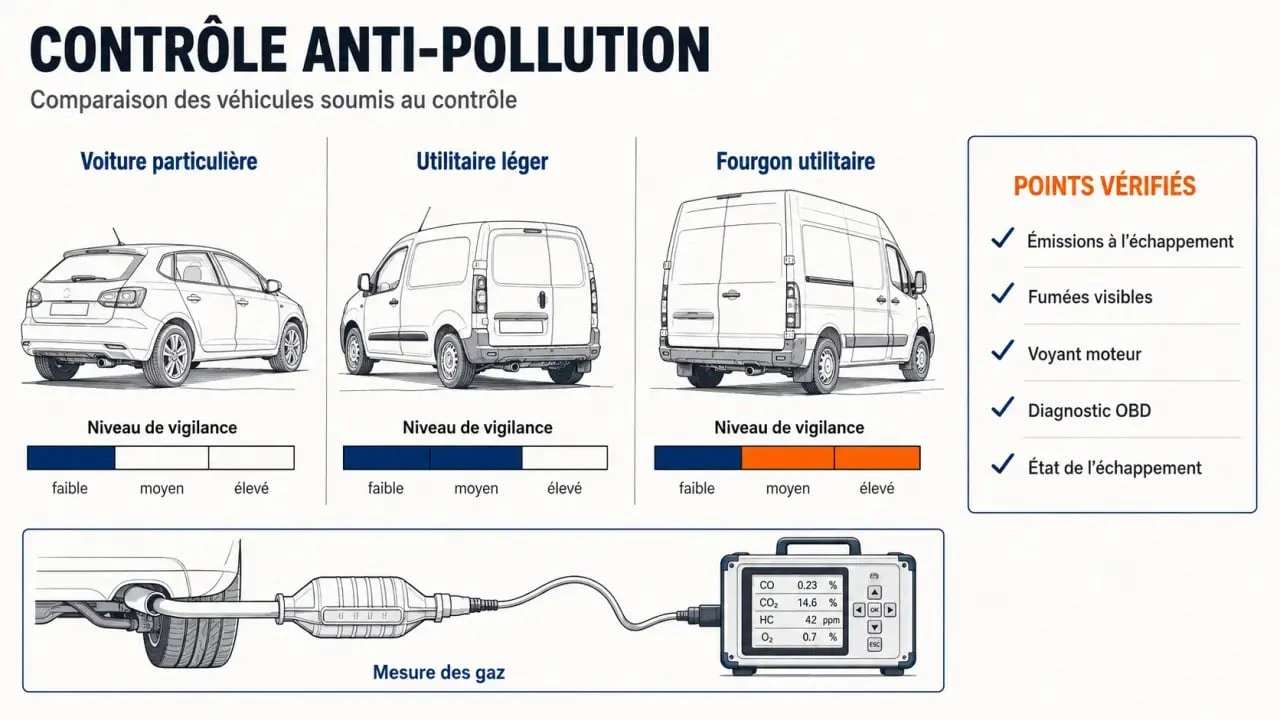 Contrôle anti pollution : comparaison des véhicules concernés, fréquence et points vérifiés