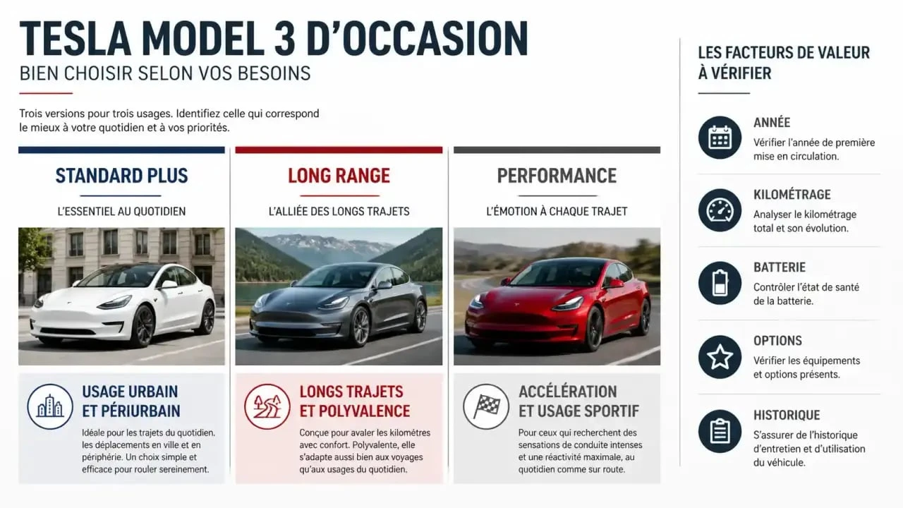 Tesla Model 3 La Centrale : différences entre Standard Plus, Long Range et Performance d’occasion