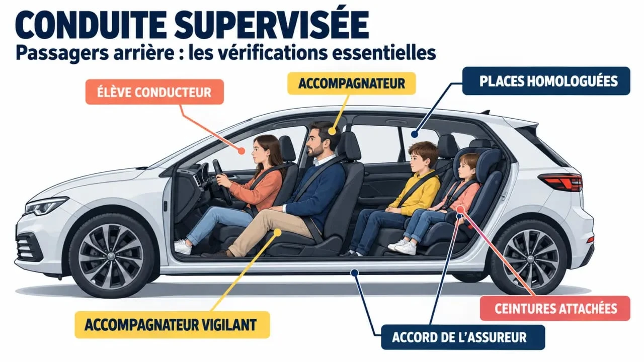 Conduite supervisée passagers arrière : accompagnateur à l'avant, passagers ceinturés et règles de sécurité