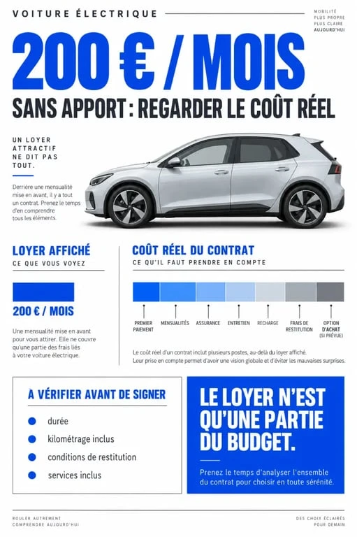 Infographie sur une voiture électrique à 200 euros par mois sans apport et les coûts inclus