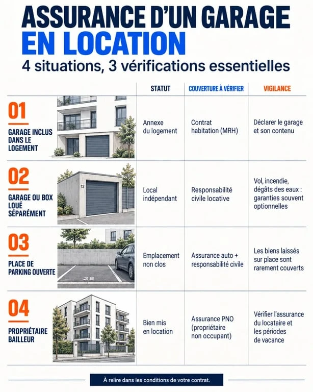 Infographie pour assurer un garage en location selon le type de stationnement et le statut