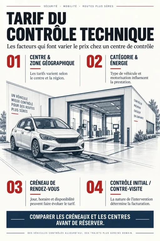 Infographie sur le tarif DEKRA du contrôle technique et les facteurs qui le font varier