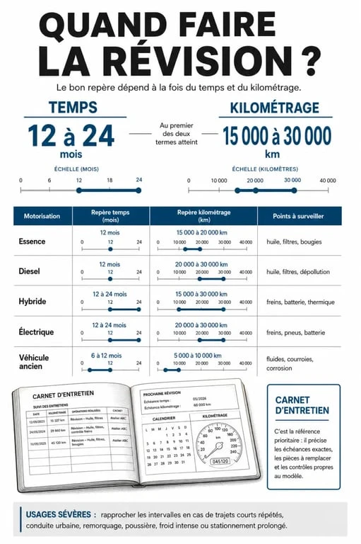 Quand faire revision voiture : infographie des intervalles par motorisation et des repères kilométriques
