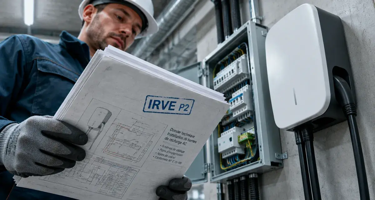 Installateur IRVE en formation, borne de recharge evenir et coffret électrique ouvert
