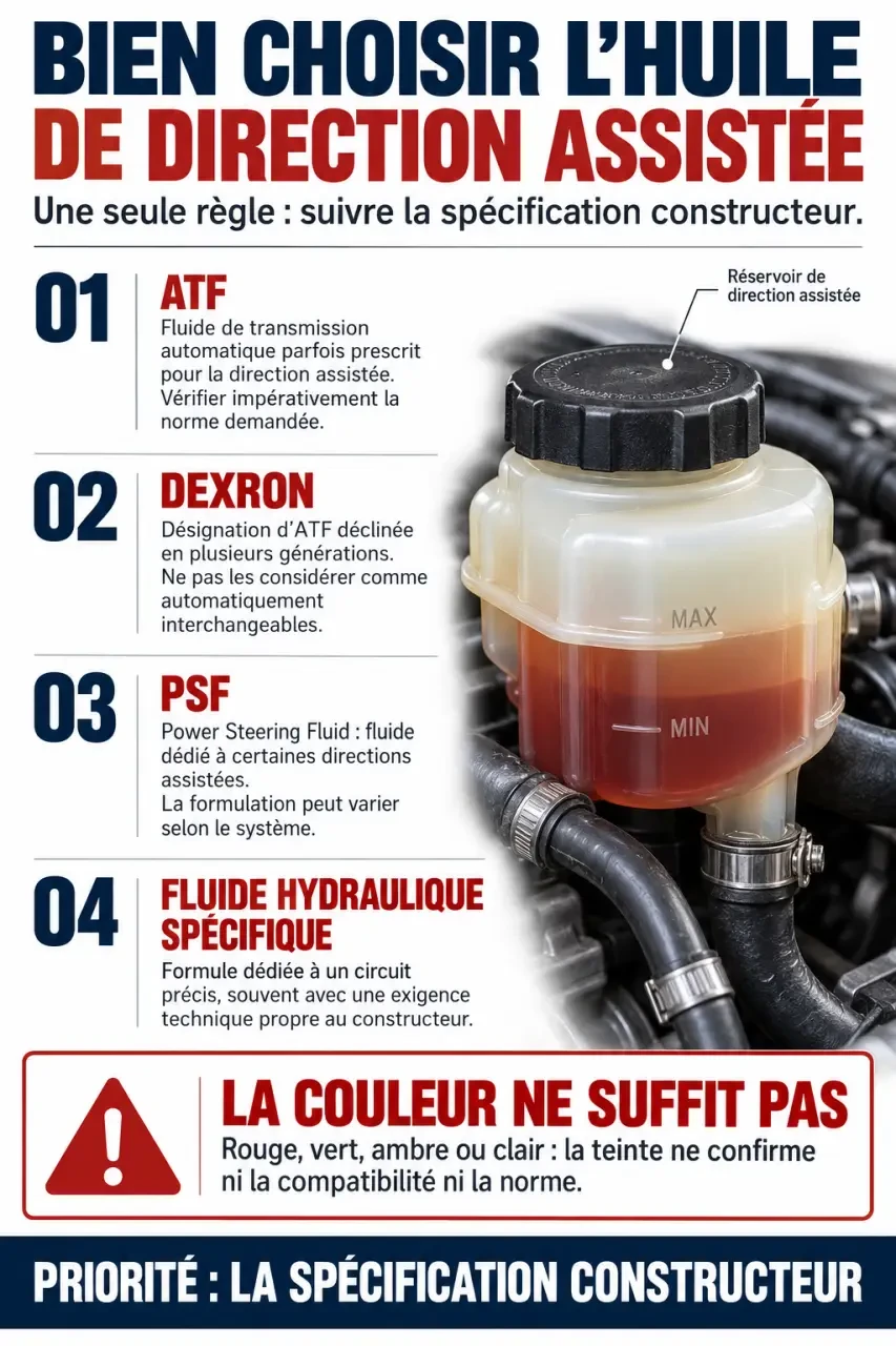 Infographie sur le choix de l’huile de direction assistée selon la spécification constructeur