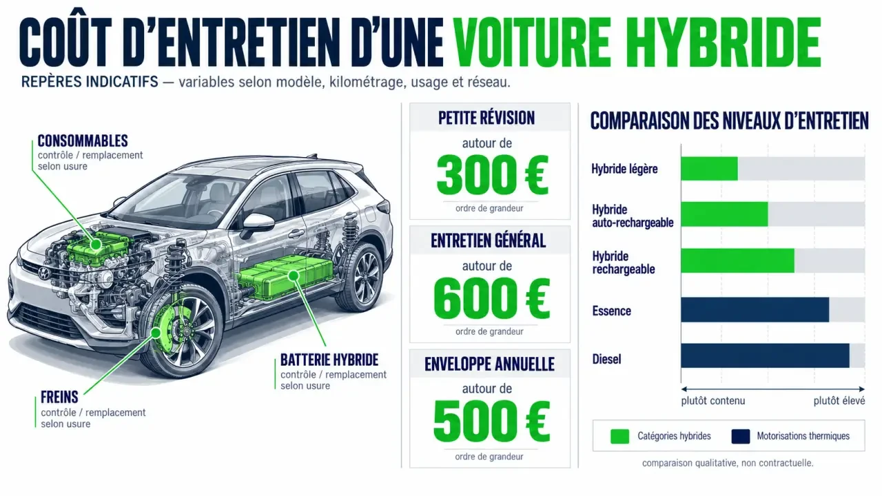 Infographie sur le coût entretien voiture hybride avec révision, freins, consommables et batterie