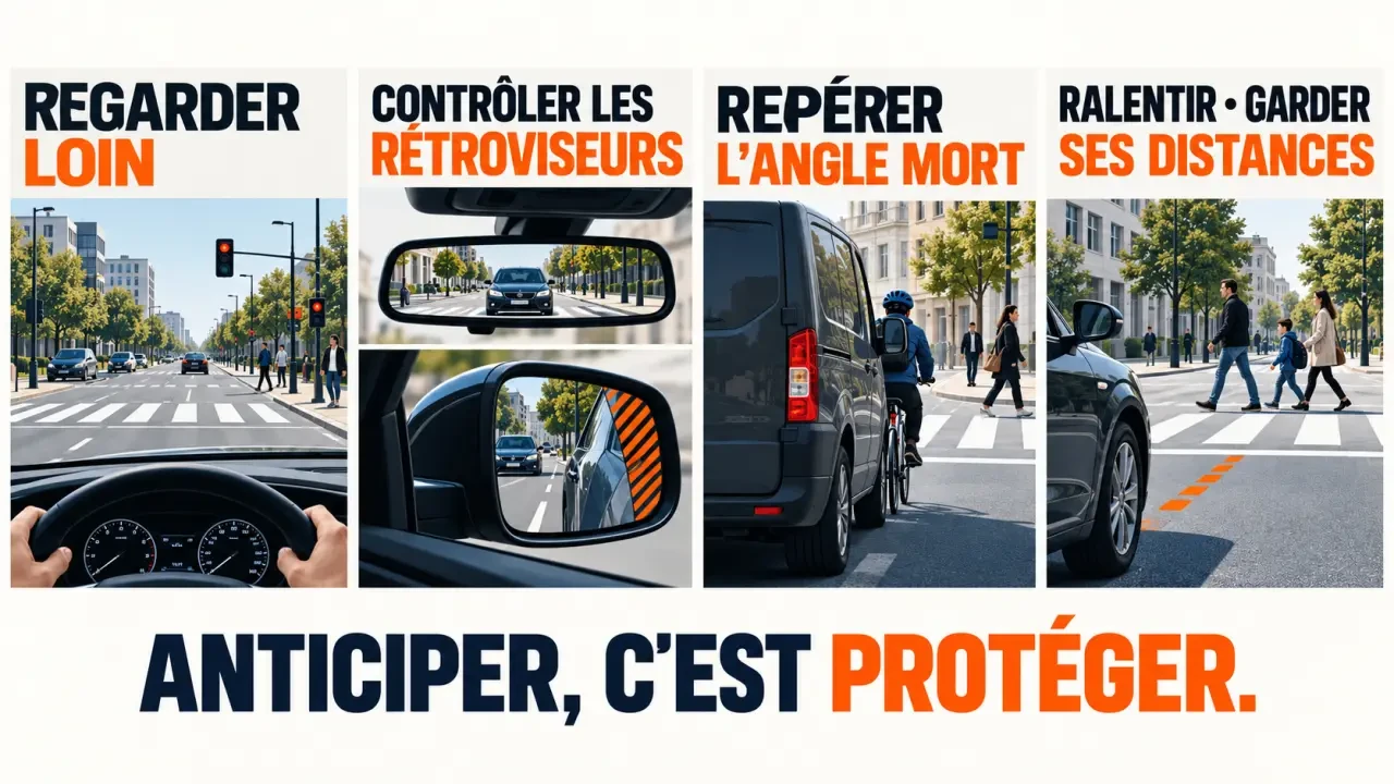 Schéma pédagogique de conduite urbaine montrant l'anticipation, les angles morts et le contrôle d'un passage piéton