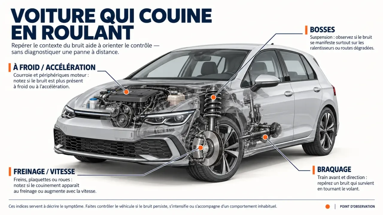 Schéma des causes possibles d’une voiture qui couine en roulant selon la zone et le contexte