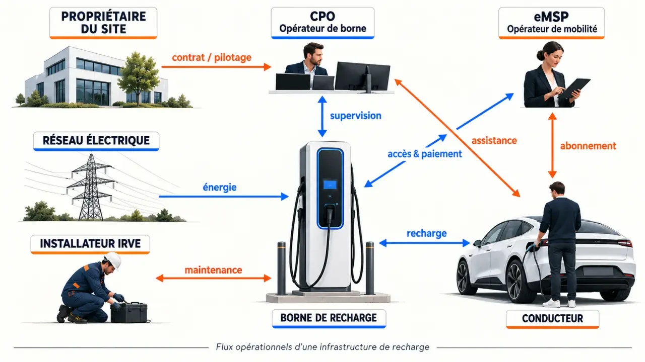 Schéma du rôle d’un opérateur borne de recharge entre CPO, eMSP, installateur et conducteur