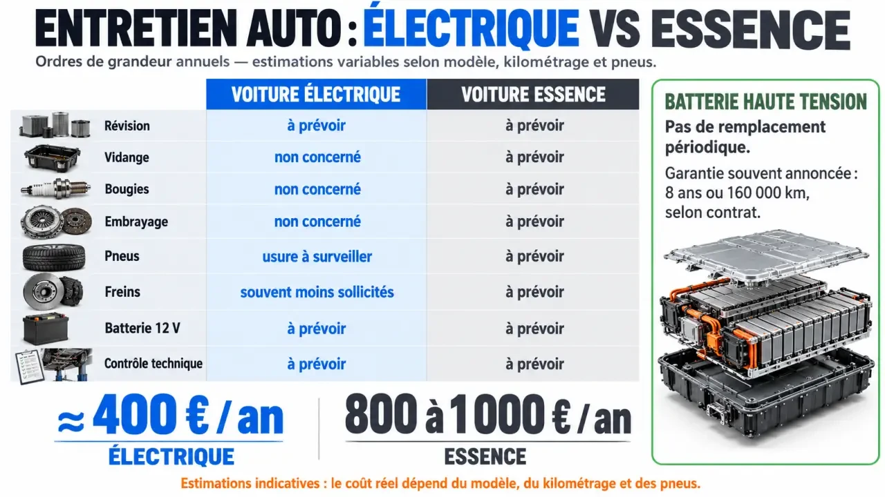 Infographie sur le coût entretien voiture électrique vs essence avec comparaison des révisions, pneus, freins et batterie
