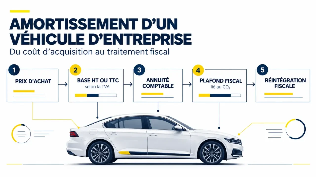Amortissement véhicule : schéma du passage du prix d’achat à l’annuité comptable et à la réintégration fiscale