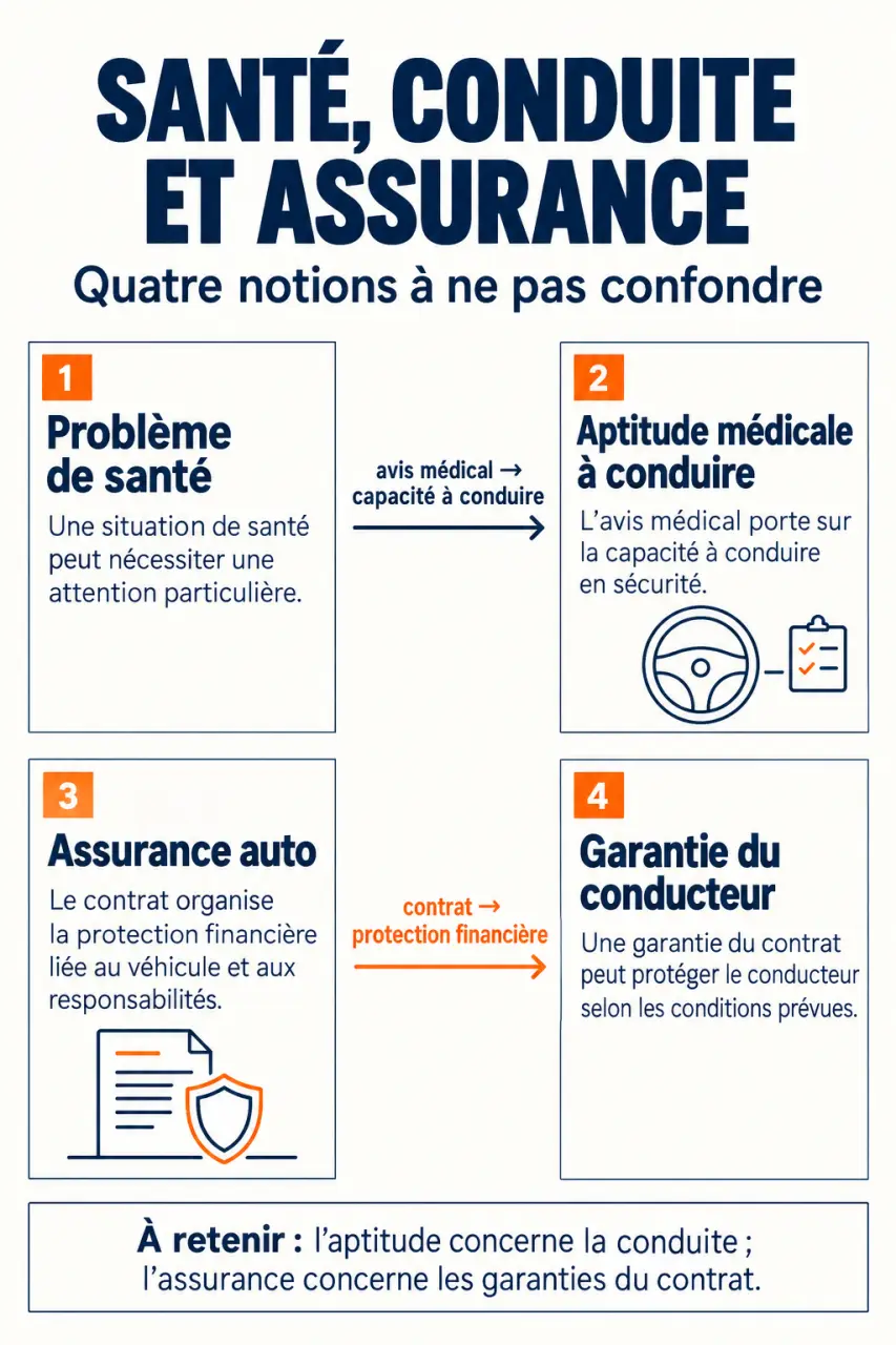 Infographie pour bien choisir son assurance auto après un problème de santé en distinguant aptitude à conduire et garanties du contrat