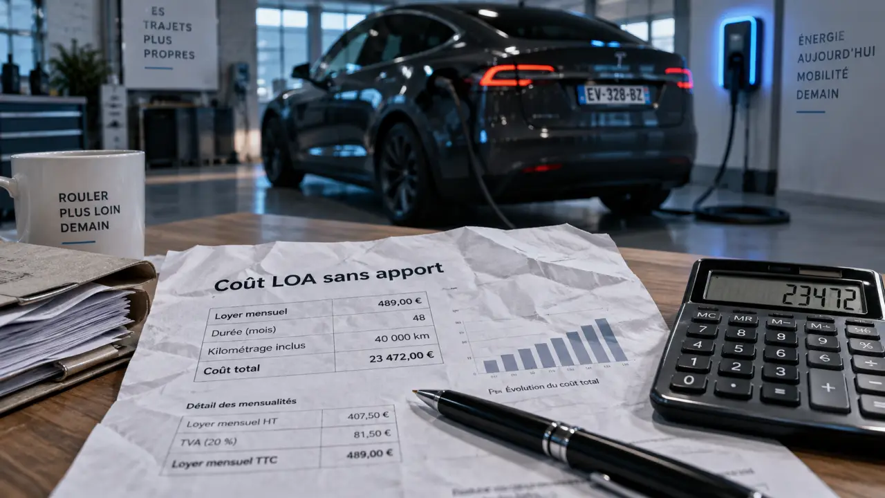 Voiture électrique LOA sans apport : 0 € à la signature, calcul des coûts avec papier et calculatrice